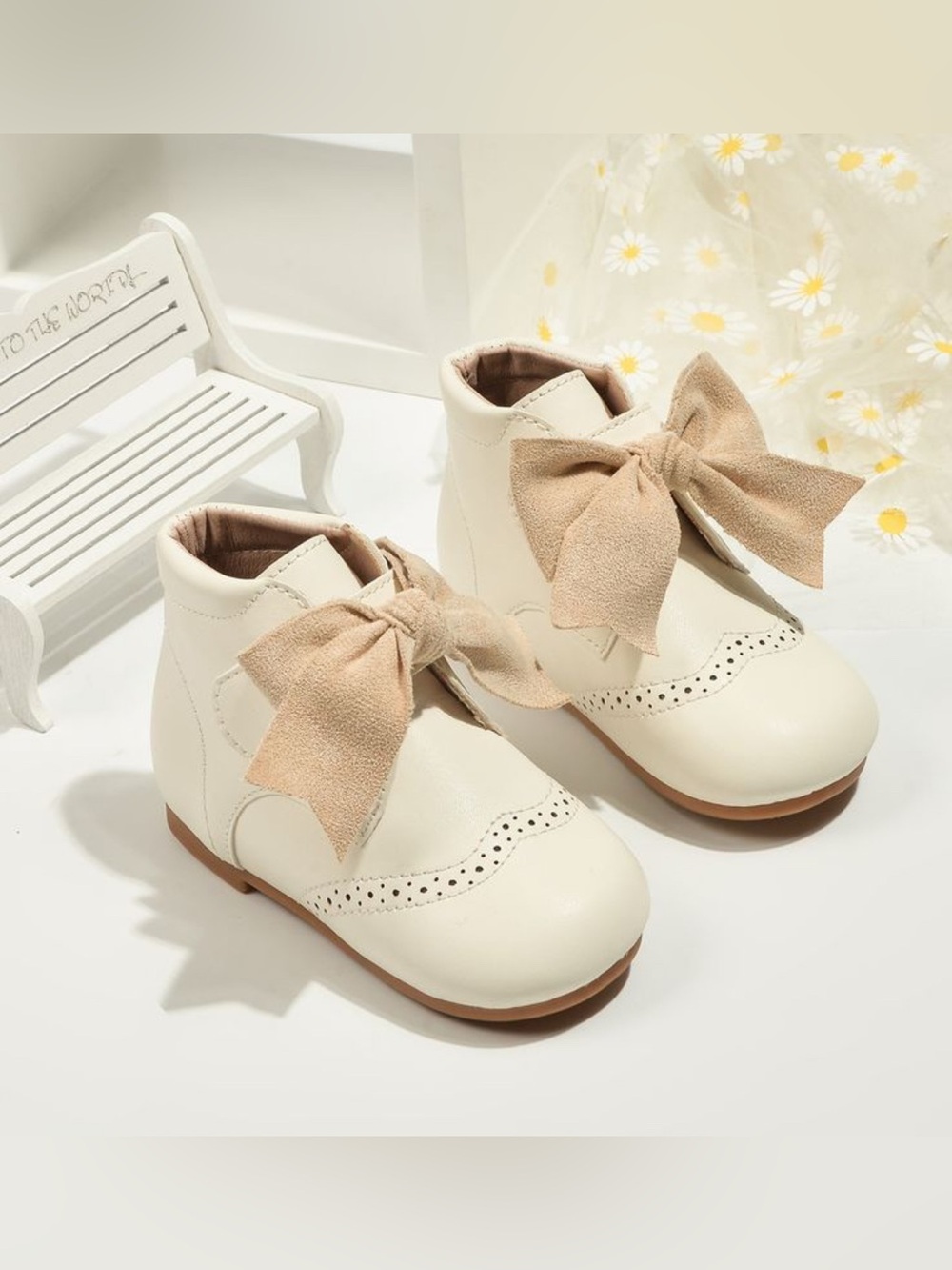 NEW Baby Girl Bow Ankle Boots Soft Sole First Walker Shoes Ivory Dress Shoes